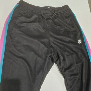 Nike Womens Track Pants Black Pink Teal Side Stripe Zipper Hem Joggers Medium